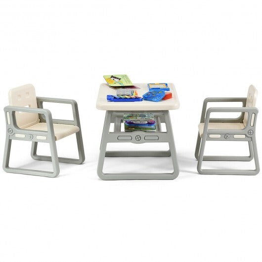 Kids Table and 2 Chairs Set with Storage Shelf-White