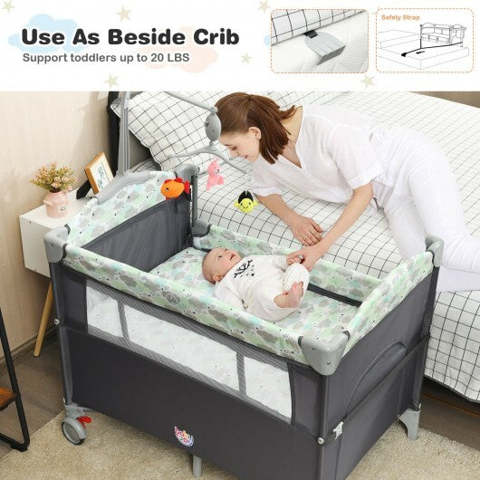 5-in-1  Portable Baby Beside Sleeper Bassinet Crib Playard with Diaper Changer-Gray - Color: Gray