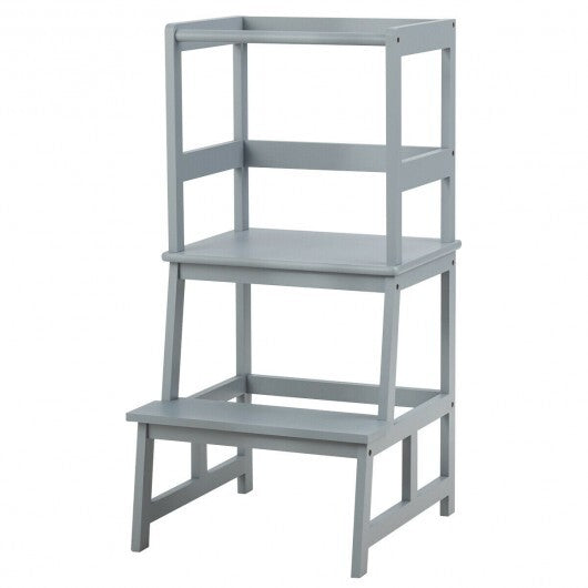 Kids Wooden Kitchen Step Stool with Safety Rail-Gray - Color: Gray