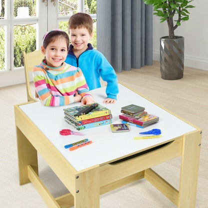 Kids Table Chairs Set With Storage Boxes Blackboard Whiteboard Drawing-Natural - Color: Natural