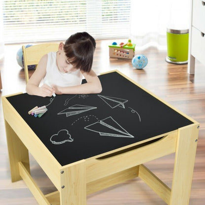 Kids Table Chairs Set With Storage Boxes Blackboard Whiteboard Drawing-Natural - Color: Natural