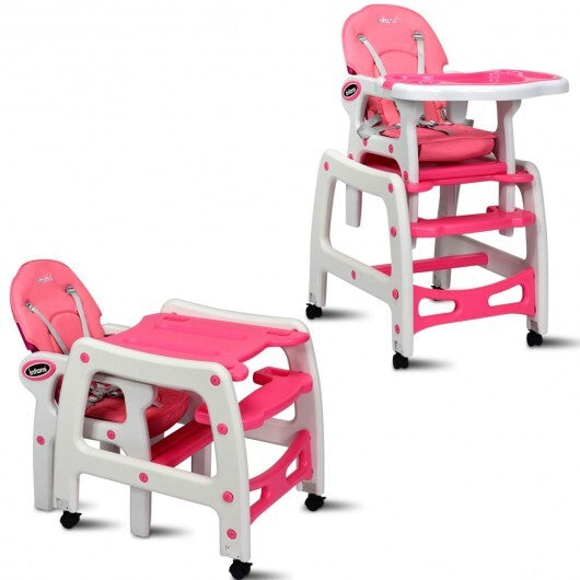 3-in-1 Baby High Chair with Lockable Universal Wheels-Pink - Color: Pink