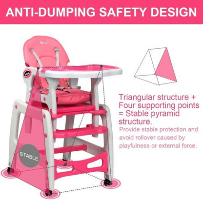 3-in-1 Baby High Chair with Lockable Universal Wheels-Pink - Color: Pink