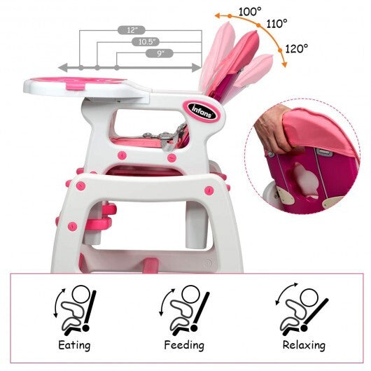 3-in-1 Baby High Chair with Lockable Universal Wheels-Pink - Color: Pink