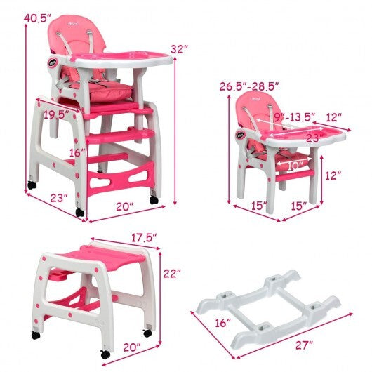 3-in-1 Baby High Chair with Lockable Universal Wheels-Pink - Color: Pink