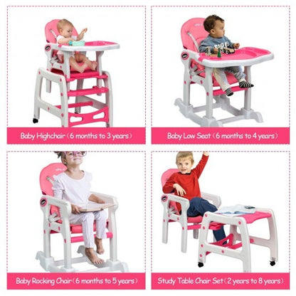 3-in-1 Baby High Chair with Lockable Universal Wheels-Pink - Color: Pink