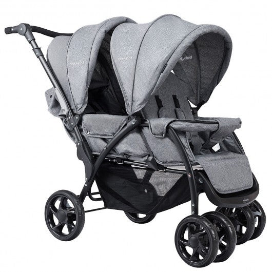 Foldable Lightweight Front Back Seats Double Baby Stroller-Gray