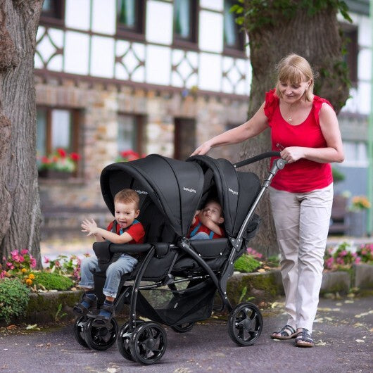 Foldable Lightweight Front Back Seats Double Baby Stroller-Black - Color: Black