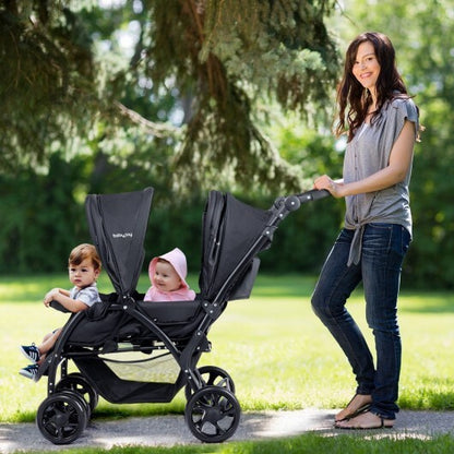 Foldable Lightweight Front Back Seats Double Baby Stroller-Black - Color: Black