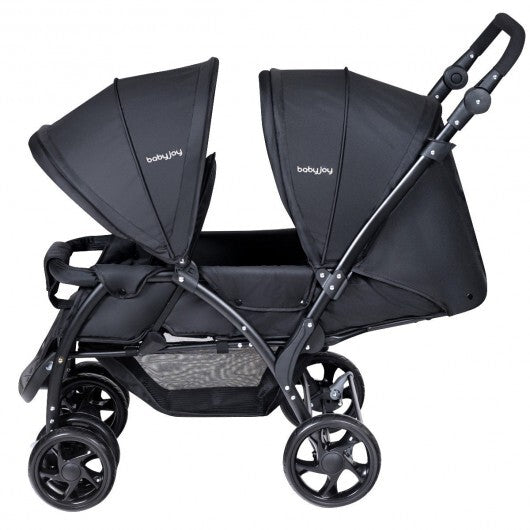 Foldable Lightweight Front Back Seats Double Baby Stroller-Black - Color: Black