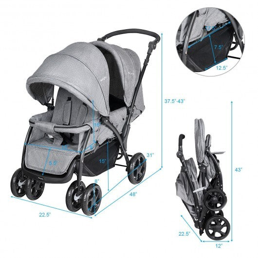 Foldable Lightweight Front Back Seats Double Baby Stroller-Gray - Color: Gray