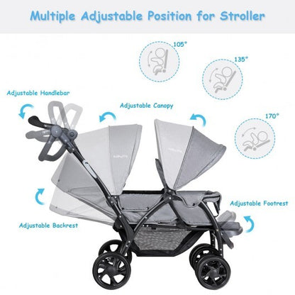 Foldable Lightweight Front Back Seats Double Baby Stroller-Gray - Color: Gray