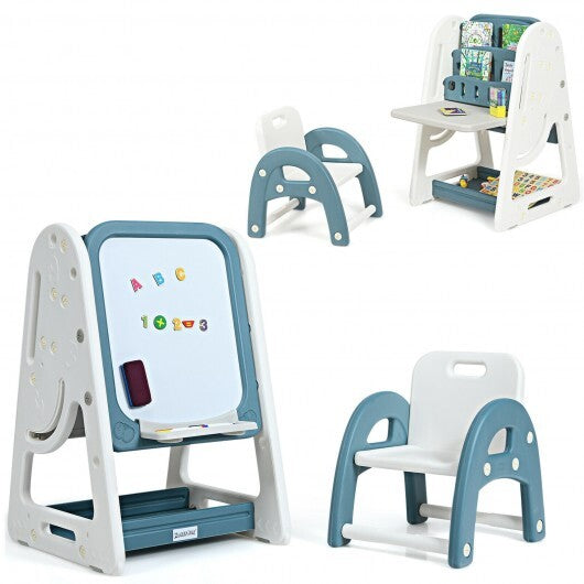 2-in-1 Kids Easel Desk Chair Set Book Rack Adjustable Art Painting Board-Blue - Color: Blue