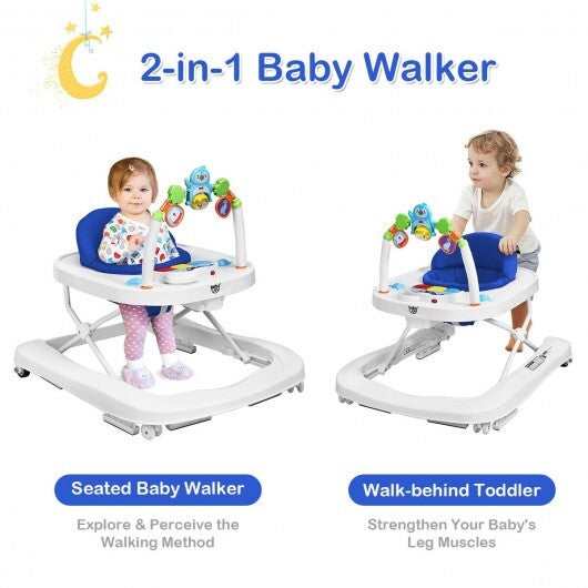 2-in-1 Foldable Baby Walker with Adjustable Heights-Blue