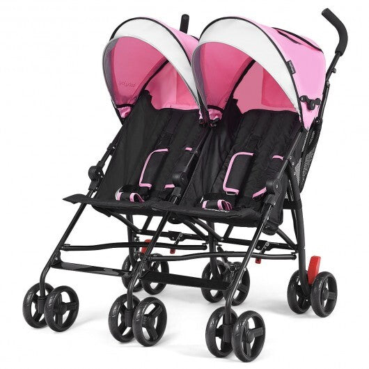 Foldable Twin Baby Double Stroller Ultralight Umbrella Kids Stroller-Pink - Color: Pink