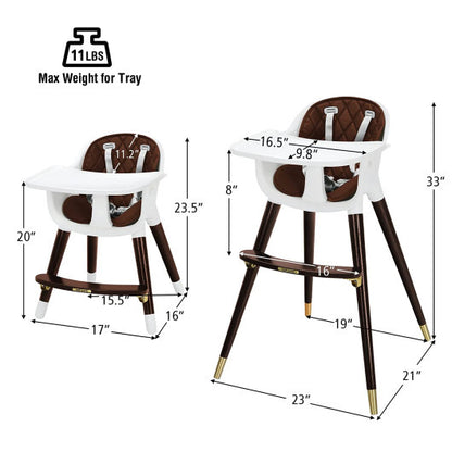 3-In-1 Adjustable Baby High Chair with Soft Seat Cushion for Toddlers-Brown