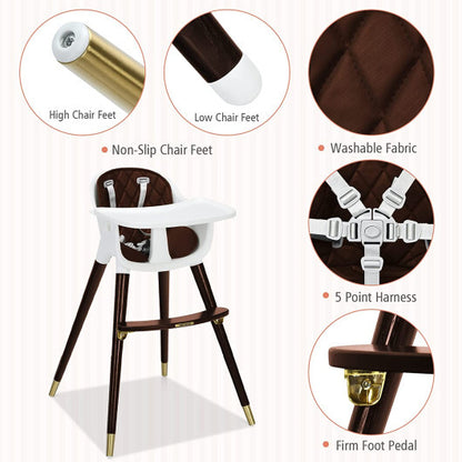 3-In-1 Adjustable Baby High Chair with Soft Seat Cushion for Toddlers-Brown