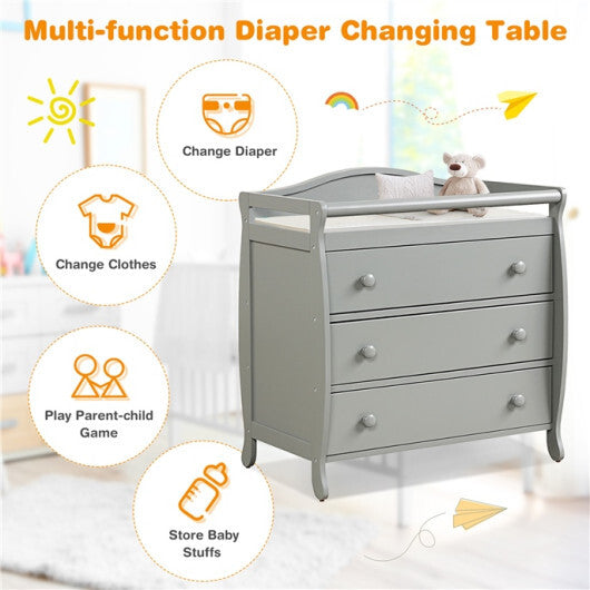 Baby Changing Table Infant Diaper with 3 Drawers and Safety Belt-Gray