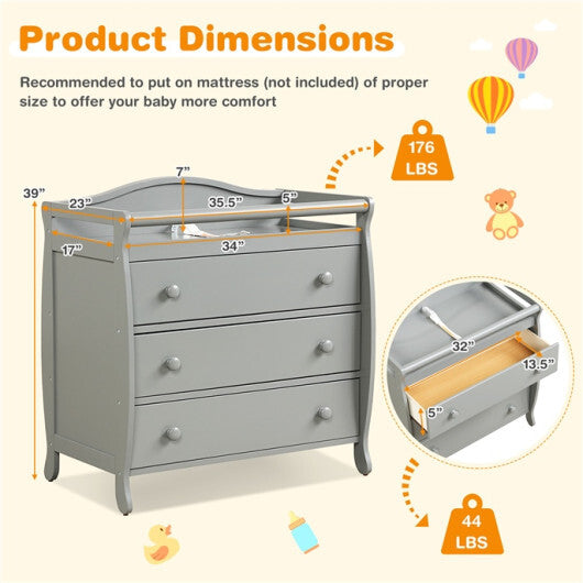 Baby Changing Table Infant Diaper with 3 Drawers and Safety Belt-Gray