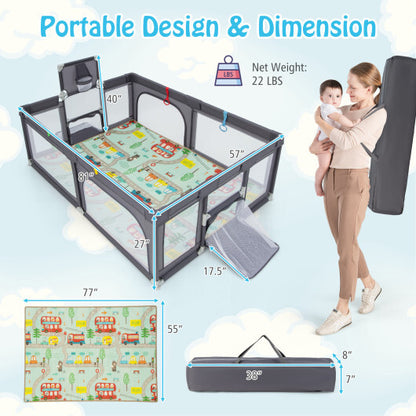 Large Baby Playpen with Mat and Ocean Balls-Light gray