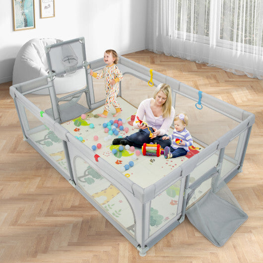 Large Baby Playpen with Mat and Ocean Balls-Light gray