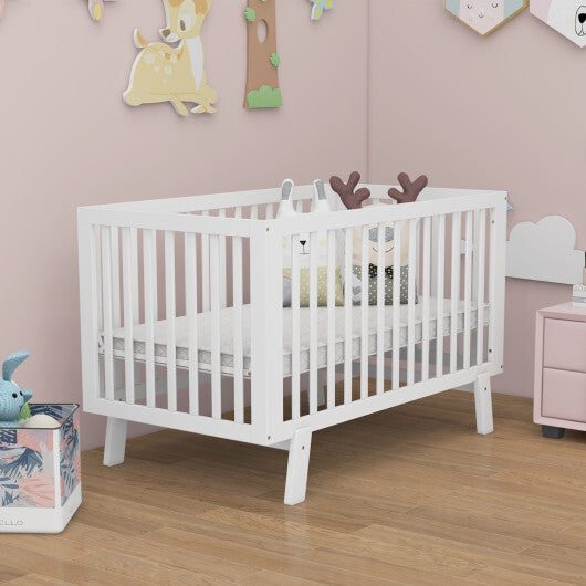 Rubber Wood Baby Crib with Adjustable Mattress Heights and Guardrails-White