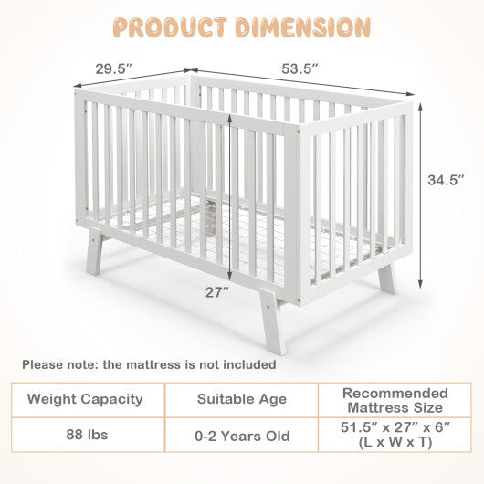 Rubber Wood Baby Crib with Adjustable Mattress Heights and Guardrails-White