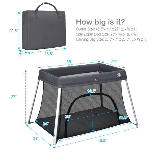 Lightweight Foldable Baby Playpen w/ Carry Bag-Dark Gray