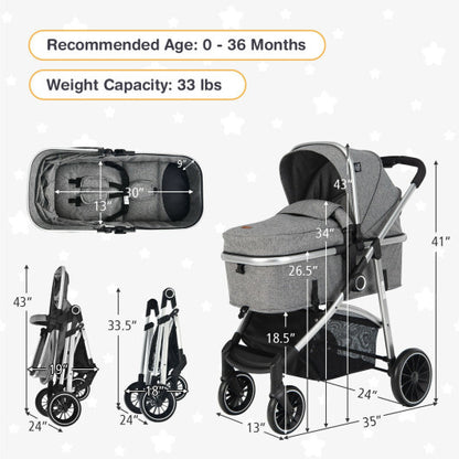 2-in-1 Convertible Baby Stroller with Reversible Seat-Gray - Color: Gray