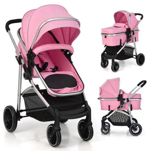 2-in-1 Convertible Baby Stroller with Reversible Seat-Pink - Color: Pink