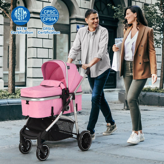 2-in-1 Convertible Baby Stroller with Reversible Seat-Pink - Color: Pink