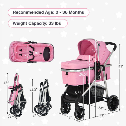 2-in-1 Convertible Baby Stroller with Reversible Seat-Pink - Color: Pink