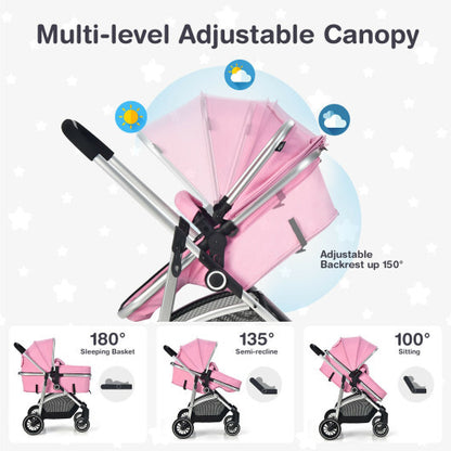 2-in-1 Convertible Baby Stroller with Reversible Seat-Pink - Color: Pink