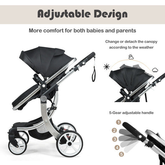 Folding Aluminum Infant Reversible Stroller with Diaper Bag-Black - Color: Black