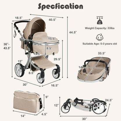 Folding Aluminum Infant Reversible Stroller with Diaper Bag-Beige - Color: Beige
