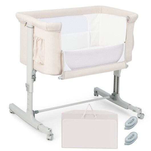 Portable Baby Bedside Bassinet with 5-level Adjustable Heights and Travel Bag-Beige - Color: Beige