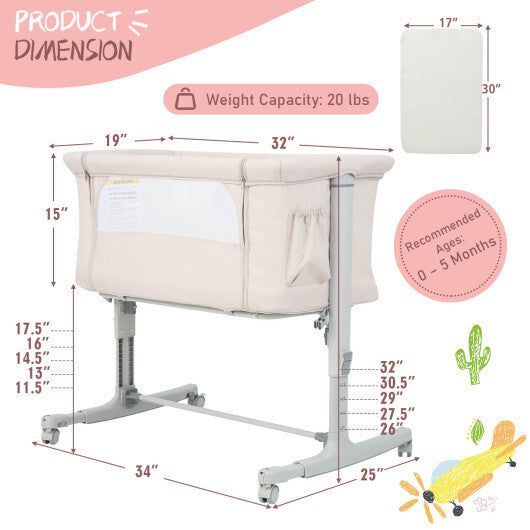 Portable Baby Bedside Bassinet with 5-level Adjustable Heights and Travel Bag-Beige - Color: Beige