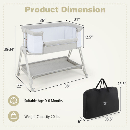 Baby Portable Bedside Sleeper with 7 Adjustable Heights-Gray - Color: Gray