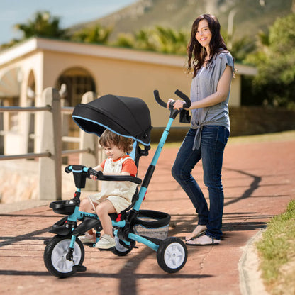 6-in-1 Detachable Kids Baby Stroller Tricycle with Canopy and Safety Harness-Blue - Color: Blue