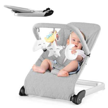 Foldable Baby Bouncer with Removable Fabric Cover and Toy Bar-Gray