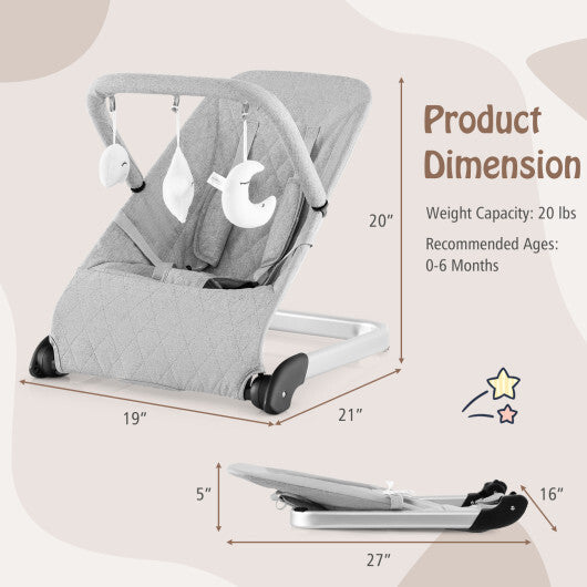 Foldable Baby Bouncer with Removable Fabric Cover and Toy Bar-Gray