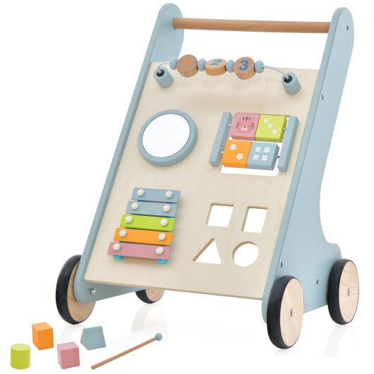 Wooden Baby Walker Toddler Push Walker with  Xylophone and Flip Blocks-Blue - Color: Blue