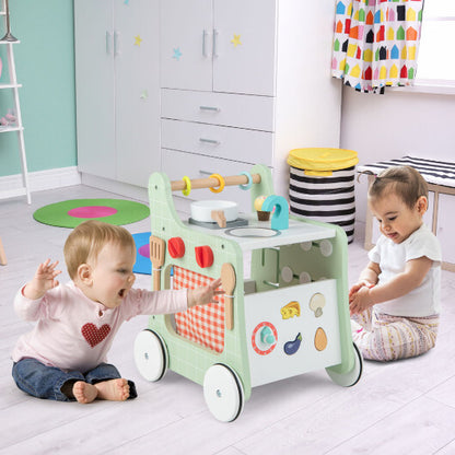 6-in-1 Wooden Baby Stroller with Play Kitchen for Kids Over 12 Months-Green - Color: Green