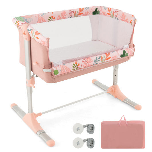 Folding Baby Bassinet Bedside Sleeper with 4 Adjustable Heights-Pink