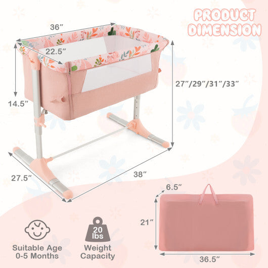 Folding Baby Bassinet Bedside Sleeper with 4 Adjustable Heights-Pink - Color: Pink