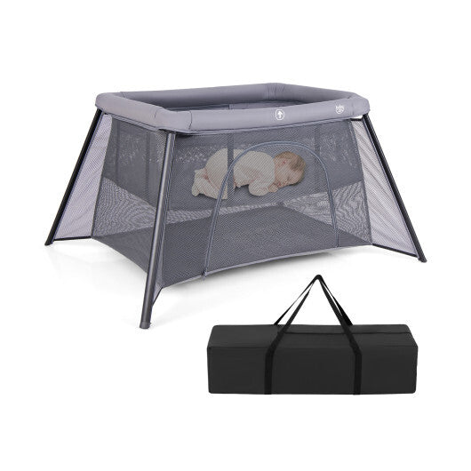 2-in-1 Portable Baby Playpen with Safety Enclosure and Padded Mattress-Dark Gray