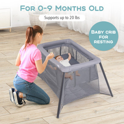 2-in-1 Portable Baby Playpen with Safety Enclosure and Padded Mattress-Dark Gray