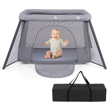 2-in-1 Portable Baby Playpen with Safety Enclosure and Padded Mattress-Dark Gray