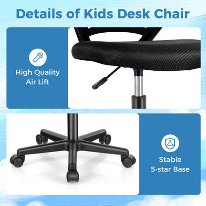 Height-adjustable Ergonomic Kids Desk Chair with Universal Casters-Black - Color: Black