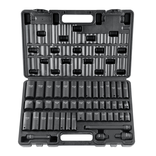 VEVOR 3/8" Drive Impact Socket Set, 48 Piece Socket Set SAE (5/16" -3/4") & Metric (8-22mm)6 Point Cr-V Drive Extension Bar Universal Joint & Power Drill Adapter Includes Storage Case